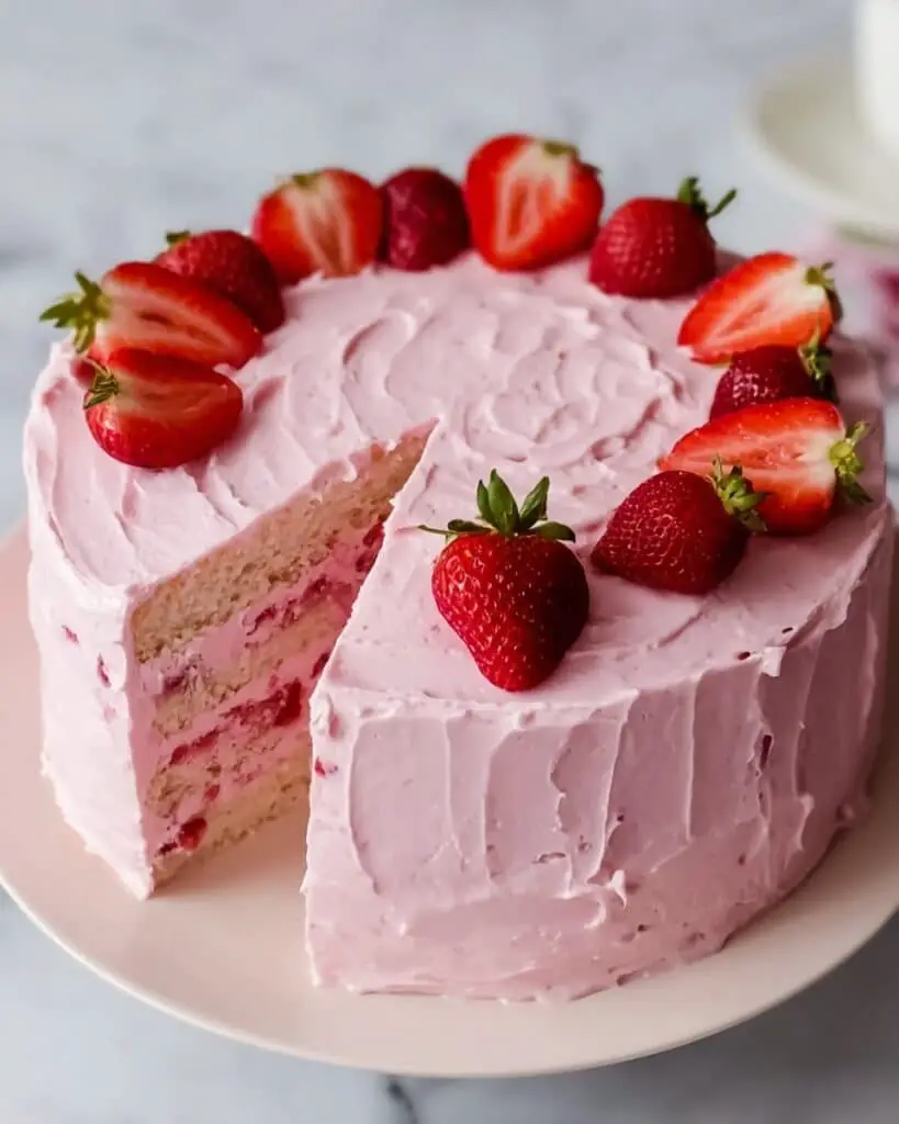 Strawberry Cake with Cream Cheese Frosting and Fresh Strawberry Filling Recipe