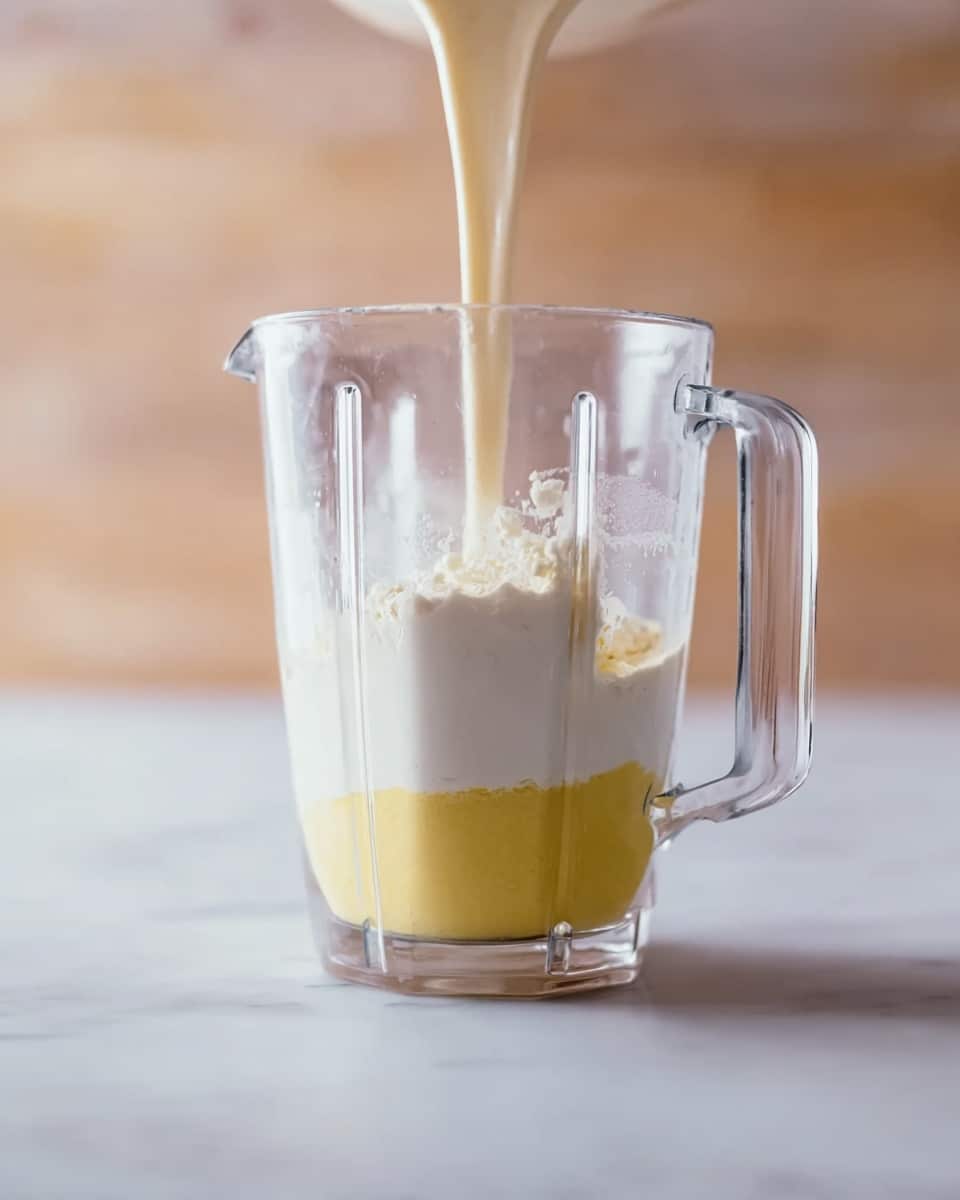A clear blender jar sits on a white marbled surface, filled with three distinct layers of ingredients: a yellow creamy base at the bottom, a thick white layer in the middle, and a pale beige liquid being poured from above into the jar, mixing gently with the white layer. The jar has a clear handle on the right side, and the background is softly blurred to keep focus on the jar and its contents. photo taken with an iphone --ar 4:5 --v 7