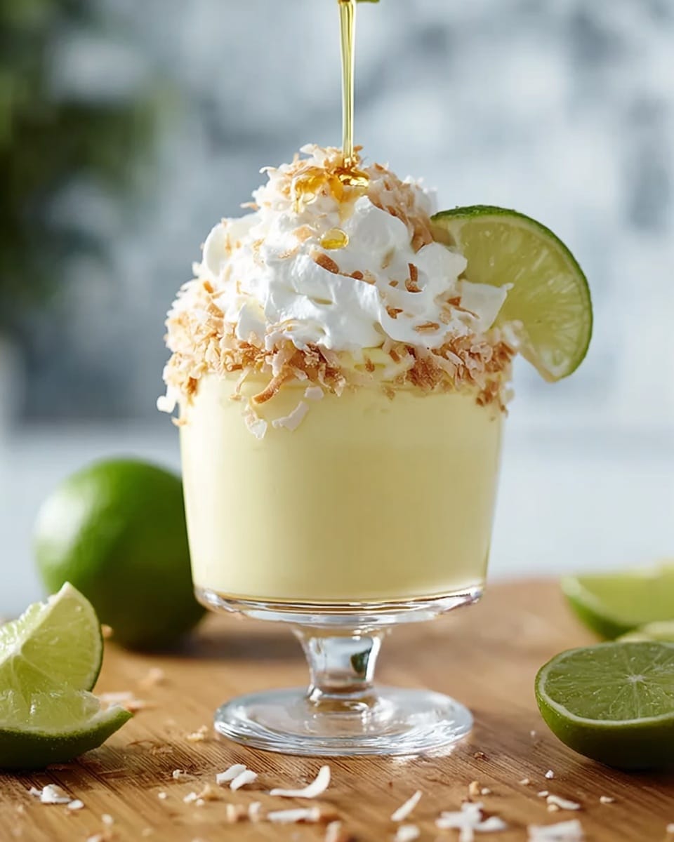 The image shows a creamy yellow dessert in a short clear glass with a thick stem. On top, there is a big white whipped cream layer sprinkled with toasted light brown coconut flakes all around the rim. A fresh green lime slice is placed on the rim of the glass. A liquid, likely a sauce, is being poured slowly over the whipped cream from above. The glass is on a wooden surface, but the background is changed to a white marbled texture. There are some lime pieces around the base. Photo taken with an iphone --ar 4:5 --v 7