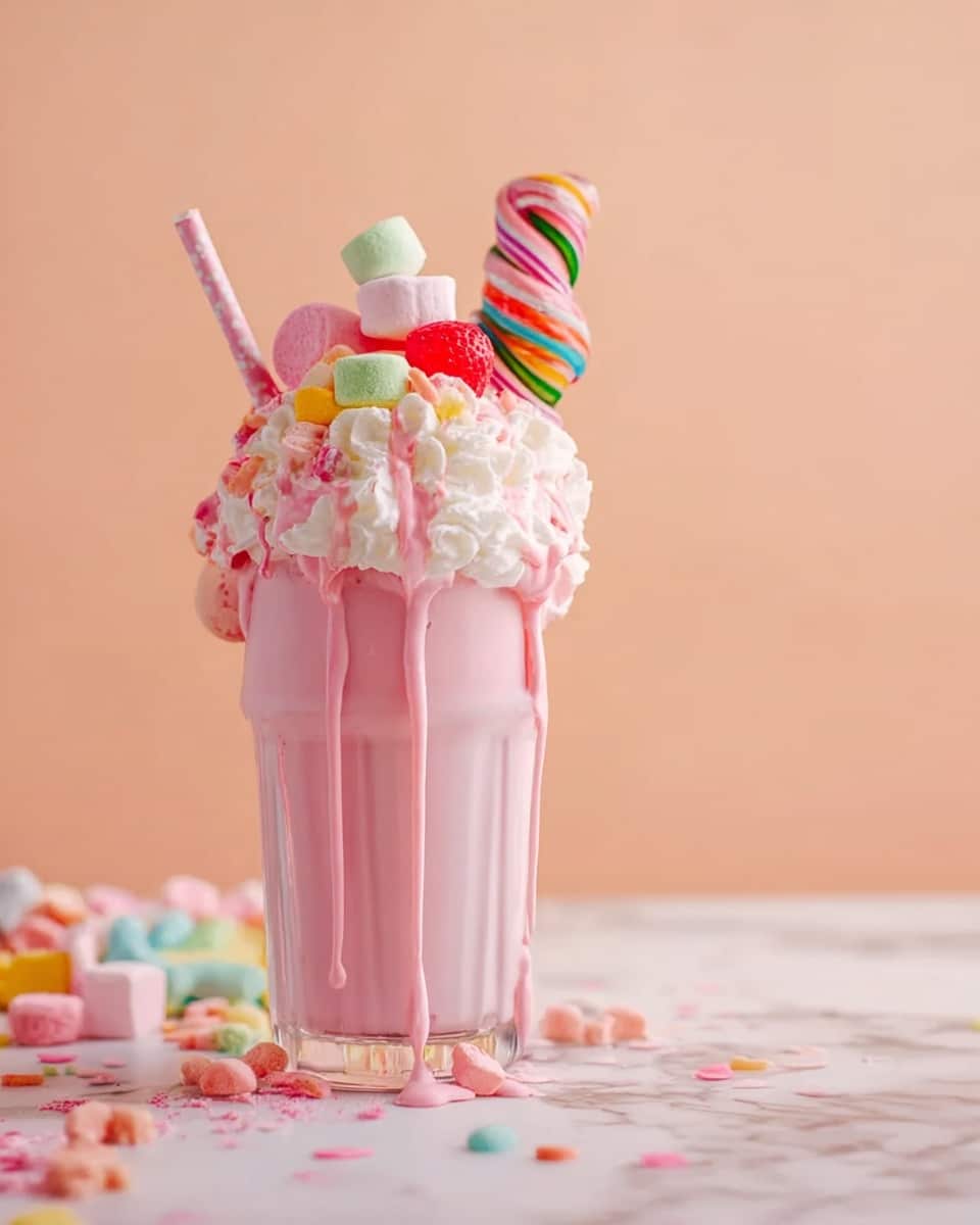 Two tall glasses filled with smooth light pink milkshake stand side by side on a white marbled surface. Each glass is decorated with red syrup dripping down from the rim, which is also covered with shiny gold flakes. On top, there is a large swirl of white whipped cream, layered with pink sugar candies and small pink heart-shaped gummies. Each milkshake has a pink and white striped straw, and pieces of pink candies with gold flakes are scattered around the base of the glasses. The background is a soft pink color. photo taken with an iphone --ar 4:5 --v 7