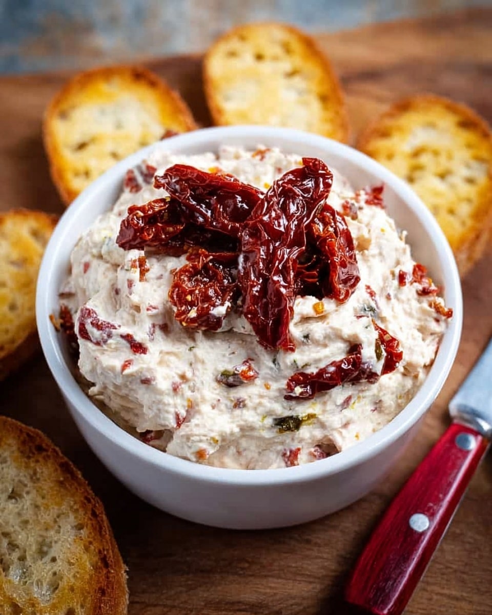 A white bowl full of creamy white spread with small bits of red sun-dried tomatoes mixed inside. On top, several larger pieces of dark red sun-dried tomatoes are placed. The bowl is set on a wooden surface with round toasted bread slices around it. To the right side of the bowl is a small knife with a red handle and shiny metal blade. Photo taken with an iphone --ar 4:5 --v 7