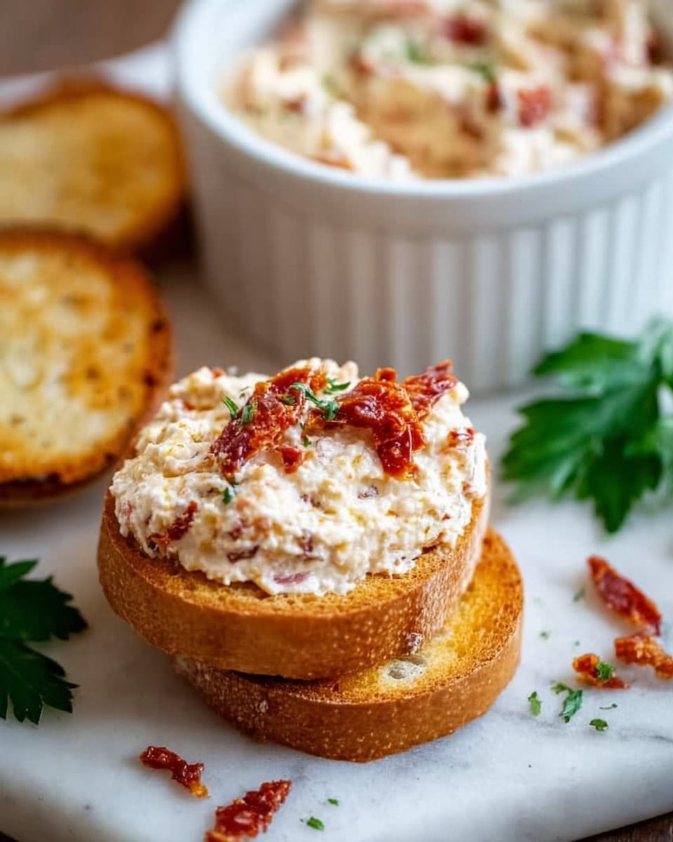 A thick, creamy mixture with a light beige color and red specks is piled high in a white, ribbed ramekin on a white marbled surface. On top of the creamy layer, there are several pieces of dark red, dried tomatoes drizzled with a shiny, golden olive oil. Small loose pieces of dried tomatoes are scattered near the ramekin. A knife with a red handle and silver blade lies near the right side. Photo taken with an iphone --ar 4:5 --v 7