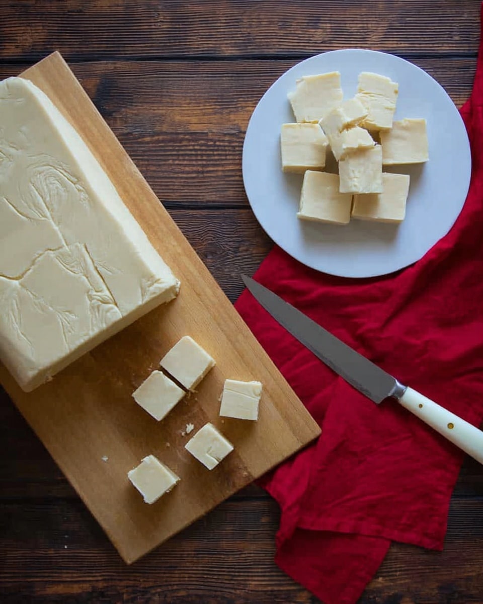 The image shows a large block of pale beige dough or pastry on a wooden board with square pieces cut into smaller blocks placed near the bottom of the board. To the right, a white plate holds similarly cut squares arranged in a small stacked pile. A silver knife with a white handle rests on a bright red cloth next to the plate, and all items are set on a dark wooden surface. photo taken with an iphone --ar 4:5 --v 7