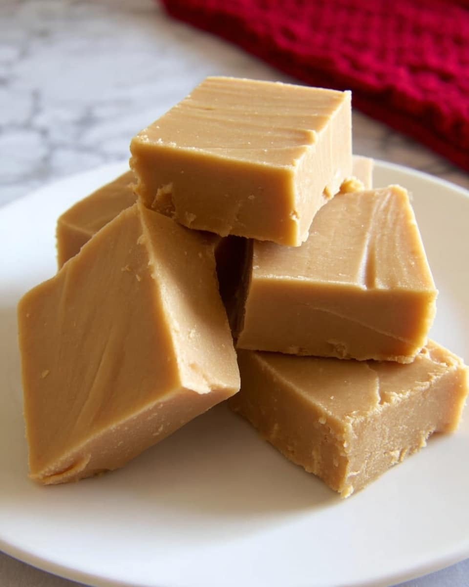 This image shows five small square pieces of light brown fudge stacked on a white plate. The fudge has a smooth texture with some slight uneven lines on the surface, giving it a soft, creamy look. The pieces are arranged in a slightly messy pile, with one piece on top and the others forming a base below. The background has a white marbled texture with a bit of a red cloth partially visible in the top right corner. photo taken with an iphone --ar 4:5 --v 7
