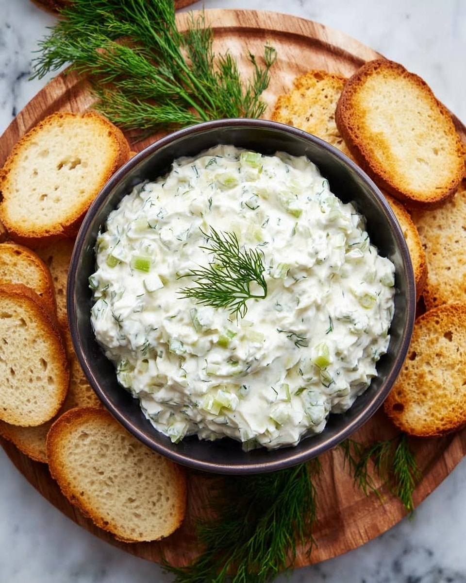 A bowl filled with a creamy white dip mixed with small chopped green pieces, garnished with a few sprigs of fresh dill on top. The bowl itself is dark colored and round, placed on a wooden board. Around the bowl, there are light golden-brown toasted round bread slices evenly spread out. Fresh green dill sprigs are placed around the board near the bread slices. The whole scene is set on a white marbled surface. photo taken with an iphone --ar 4:5 --v 7