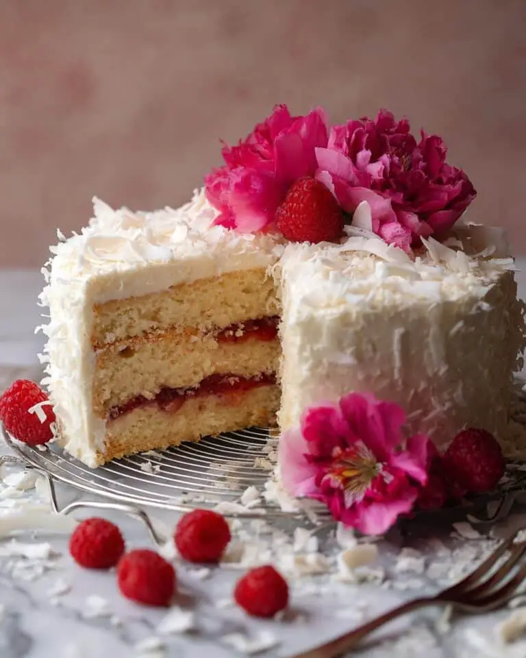 Raspberry Swirl Coconut Snowball Cake Recipe