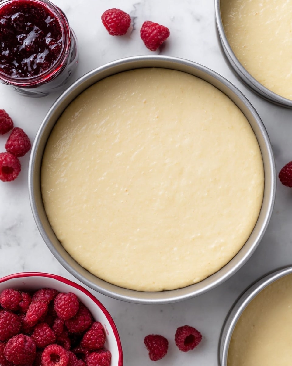 A round cake with two visible layers of light golden sponge and a middle layer of red jam, covered fully in white creamy frosting with pieces of white coconut flakes scattered on top and sides; bright pink and dark pink flowers arranged on the top right of the cake for decoration; several raspberries and white coconut flakes scattered on a white marbled surface around the cake; the cake sits on a silver wire cooling rack with a silver fork lying close by. Photo taken with an iphone --ar 4:5 --v 7