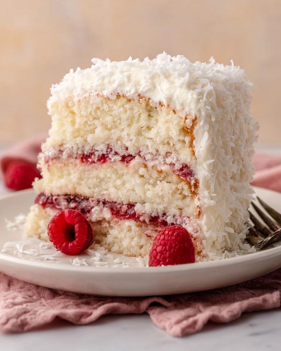 A close-up image of a three-layer white cake slice on a white plate, each layer separated by creamy white frosting and red raspberry jam that slightly melts into the cake. The outer frosting is thick and topped with white coconut flakes, adding texture on top and around the sides. Two fresh red raspberries sit on the plate by the cake, which rests on a soft pink cloth on a white marbled surface. A fork is placed near the back of the plate. The background is light beige, softly blurred to focus on the cake slice. Photo taken with an iphone --ar 4:5 --v 7