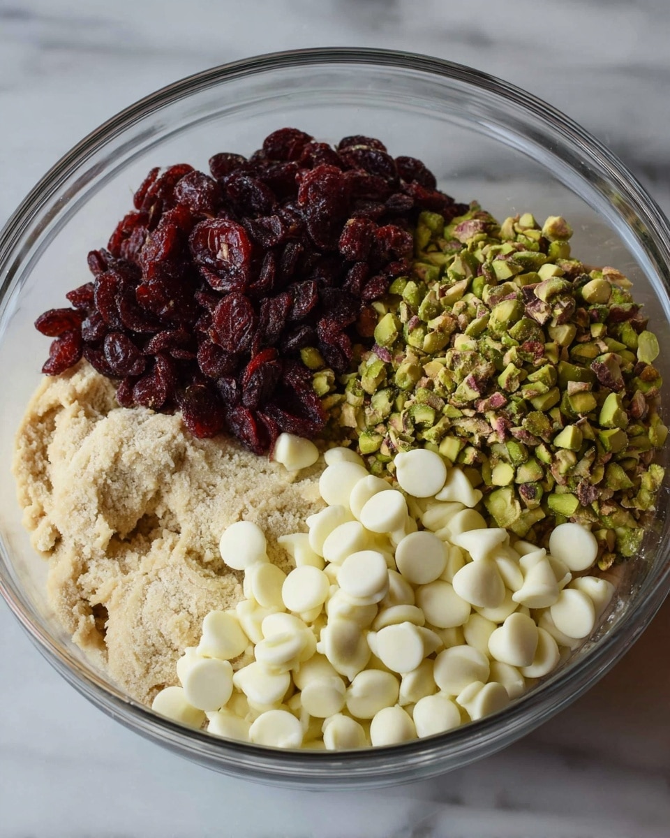 The image shows a clear glass mixing bowl containing four distinct layers of ingredients. In the bottom layer, there is a beige dough-like mixture. On the top left, there is a pile of dark red dried cranberries with a wrinkled texture. On the top right, there are light green chopped pistachios with a slightly rough texture. At the bottom center, there are smooth, white chocolate chips in a rounded shape. The bowl is placed on a white marbled surface. photo taken with an iphone --ar 4:5 --v 7