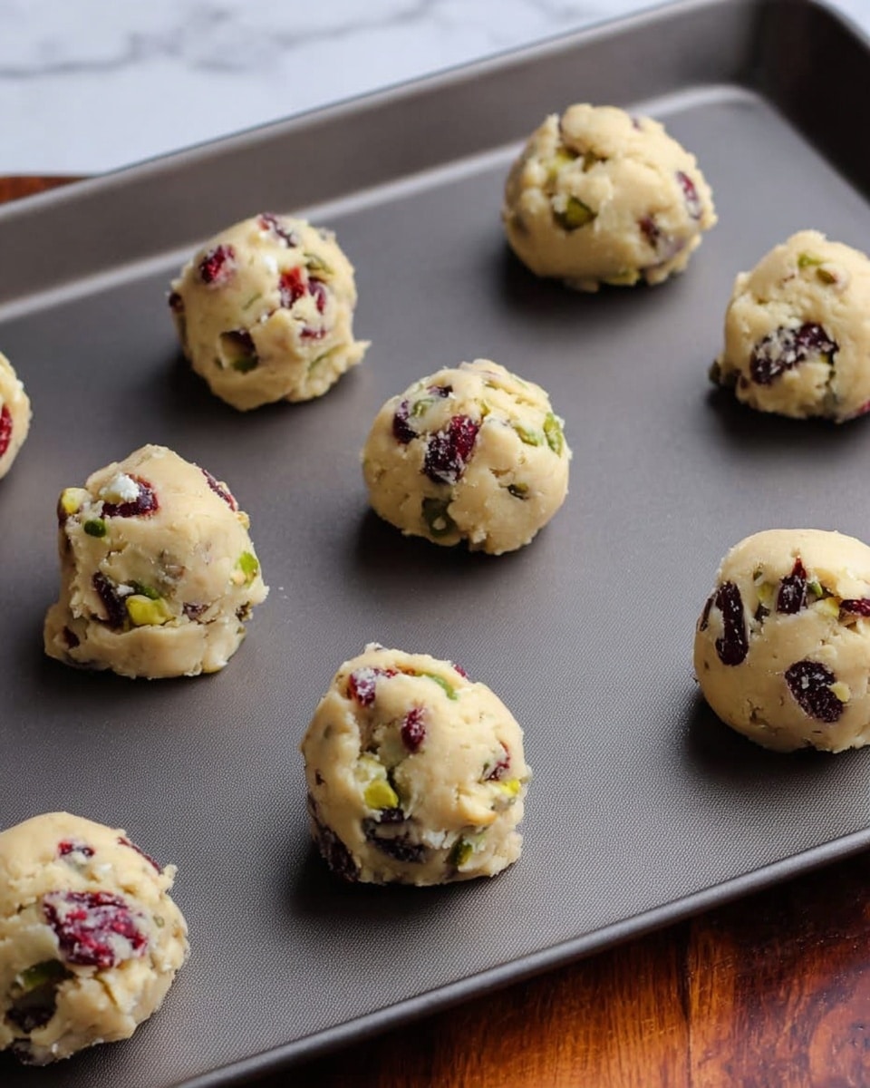 A close-up of several light golden brown cookies stacked on a white plate with a smooth edge. Each cookie has a soft texture with visible white chocolate chips, bright red dried cranberries, and green pistachios embedded across the surface. The cookies appear slightly thick with small cracks, highlighting their tender texture. The background is a white marbled texture. Photo taken with an iphone --ar 4:5 --v 7