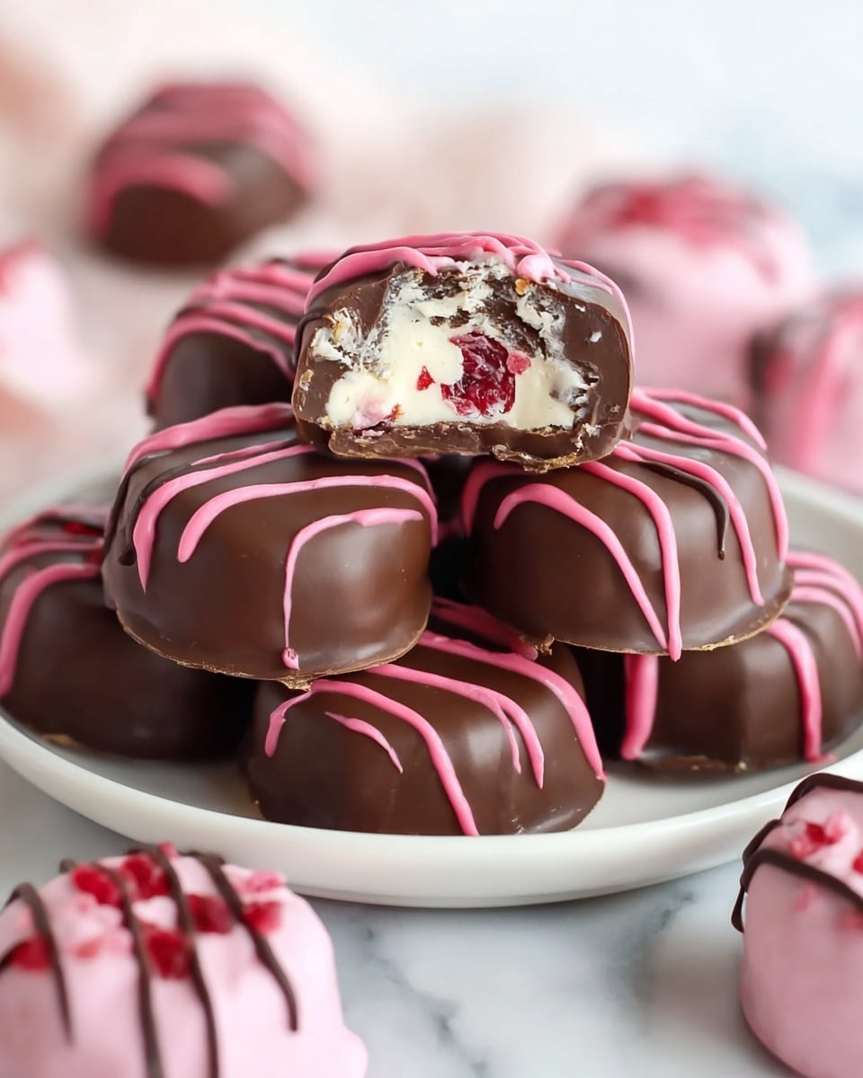 The image shows a close-up view of several round chocolate-covered treats stacked in a white dish on a white marbled surface. Each treat has a smooth dark chocolate outer layer, decorated with thin zigzag lines of bright pink icing on top. One treat in the middle is bitten, revealing three inner layers: a creamy white filling with visible small red fruit pieces and some darker bits mixed inside, covered by the dark chocolate shell. More treats with similar decoration are blurred in the background, some covered in pink coating with dark chocolate drizzle, adding a contrasting color. The overall setting is clean and bright with soft lighting. photo taken with an iphone --ar 4:5 --v 7