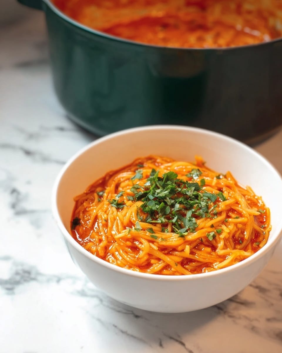 A white bowl filled with orange-red noodles mixed with a thick sauce, topped with small pieces of fresh green herbs placed in the center. In the background, a dark green pot with the same noodle dish is slightly blurred. The entire scene sits on a white marbled surface. photo taken with an iphone --ar 4:5 --v 7