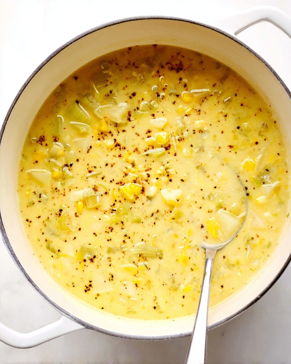 Two white bowls filled with creamy yellow soup are shown on a white marbled surface, one bowl closer in front and the other blurred in the back. The soup has visible chunky layers of small yellow potato pieces, bright yellow corn kernels, and green sliced scallions scattered on top. The creamy broth has specks of black pepper and reddish spice sprinkled over, giving it a slightly textured look. The bowls have handles, and the light shines softly, highlighting the colors and details of the ingredients. photo taken with an iphone --ar 4:5 --v 7