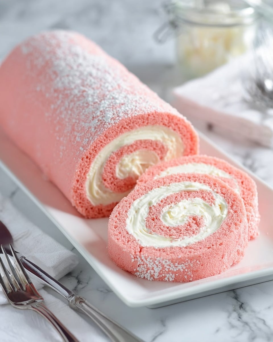 A pink cake roll with three visible layers is placed on a white rectangular plate on a white marbled surface. The outer layer is a soft pink sponge cake dusted with a light layer of white powdered sugar. Inside, there is a thick creamy white swirl filling that contrasts with the pink cake, visible in the cross sections of the two sliced pieces at the front. The cake looks soft and moist with a smooth creamy texture in the filling. In the background, there are two silver forks on a white napkin, and a small glass jar with a metal lid on the same white marbled surface. photo taken with an iphone --ar 4:5 --v 7