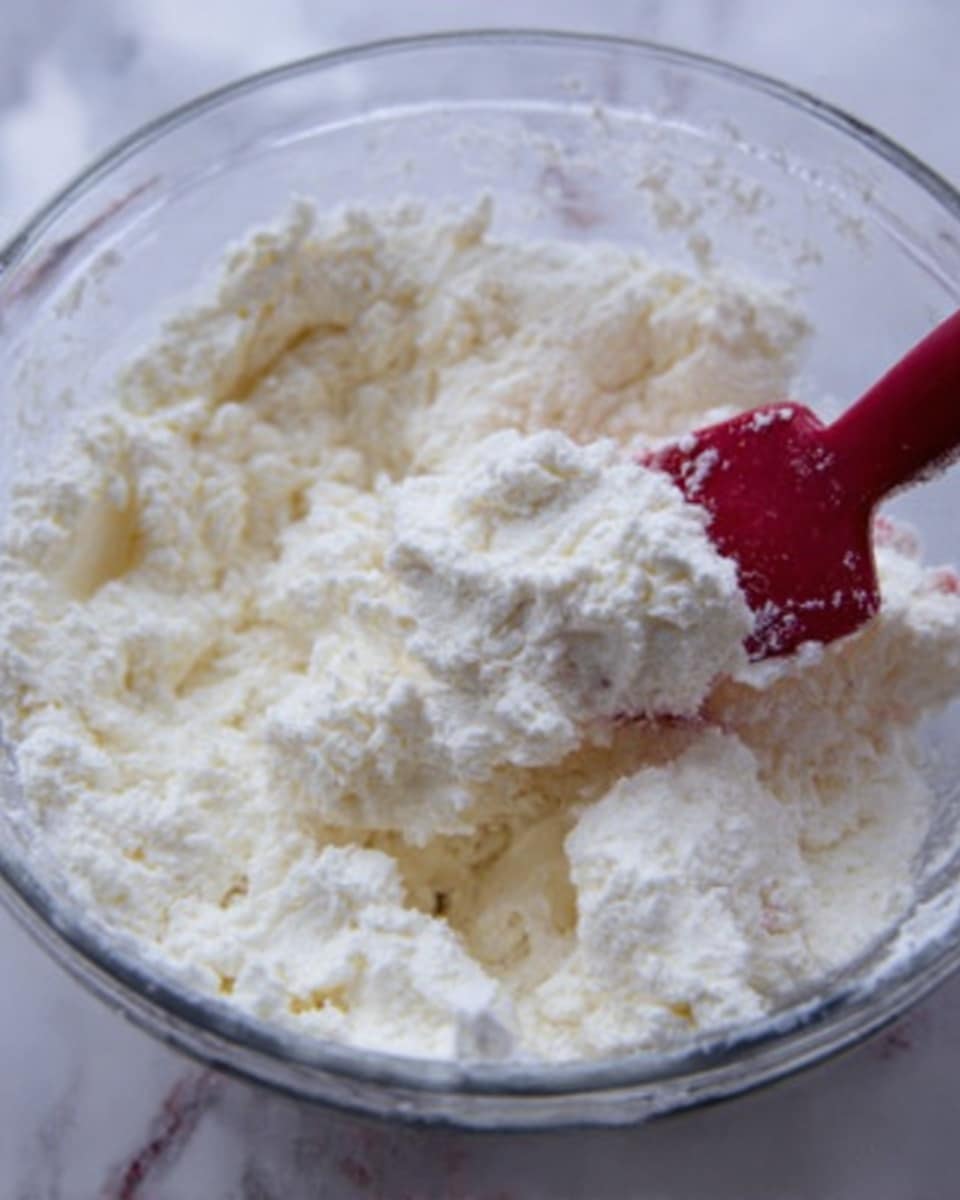 The image shows a white plate with several round, crumb-coated balls arranged around the edge. One ball near the front is broken open to reveal a soft, light yellow filling inside a white, fluffy outer layer. In the center of the plate, there are bright yellow pieces of pineapple with two red toothpicks stuck into them. The plate sits on a green cloth with white polka dots, and the background is a white marbled surface. Photo taken with an iphone --ar 4:5 --v 7