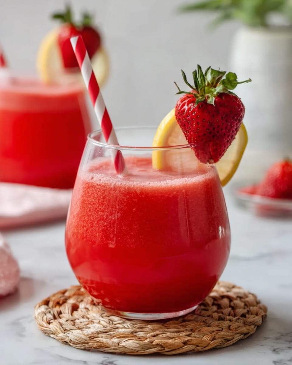 A clear glass filled with a bright red drink sits on a round woven coaster on a white marbled surface. Inside the glass, the red liquid has a smooth, slightly frothy texture near the top. A red and white striped paper straw is placed at an angle inside the drink. On the rim, a large fresh strawberry with seeds and green leaves is perched next to a thin, round lemon slice that peeks out from behind the strawberry. Another similar glass with the same red drink and garnishes is softly blurred in the background. Photo taken with an iphone --ar 4:5 --v 7