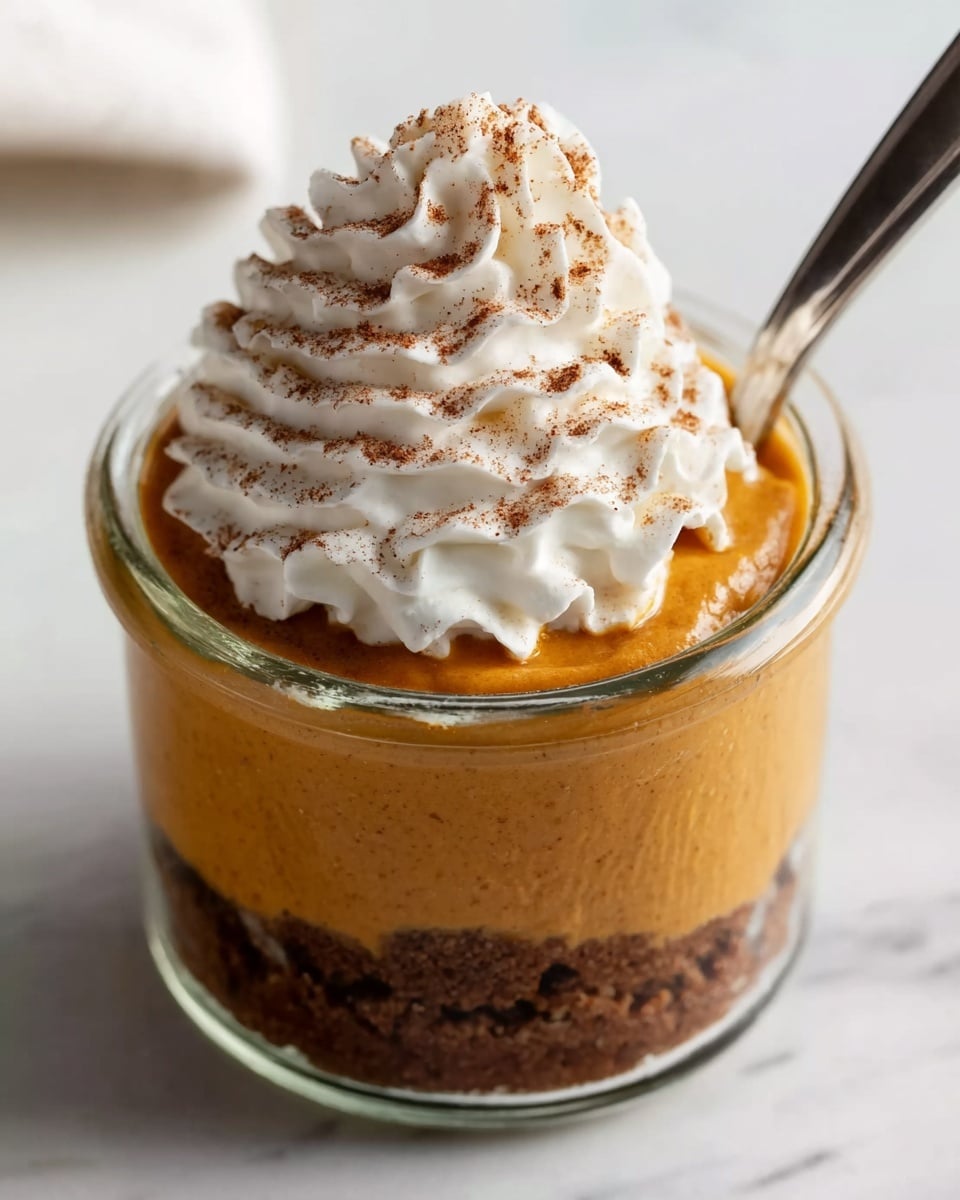 The image shows a small clear glass jar filled with three layers. At the bottom, there is a dark brown crumbly layer that looks like crushed cookies. Above it is a thick, smooth orange layer that fills most of the jar. On top, there is a light, fluffy swirl of white cream with a slightly textured surface, likely whipped, and a small sprinkle of brown spice powder on it. A silver spoon is placed inside the jar, standing upright in the cream. In the background, similar jars with the same three layers are slightly out of focus, all set on a white marbled surface with cinnamon sticks and small crumbs scattered around. photo taken with an iphone --ar 4:5 --v 7