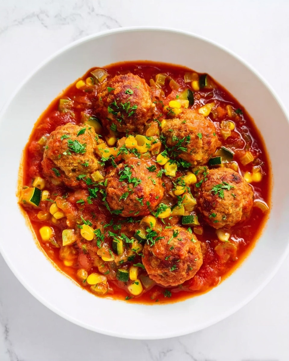 A white bowl is filled with six round meatballs in a thick red tomato sauce mixed with bright yellow corn kernels and small green zucchini pieces. The sauce looks chunky with visible bits of onions and herbs sprinkled on top, adding fresh green color. The dish sits on a white marbled surface, and the photo is taken from just above the bowl to show all the details clearly. photo taken with an iphone --ar 4:5 --v 7