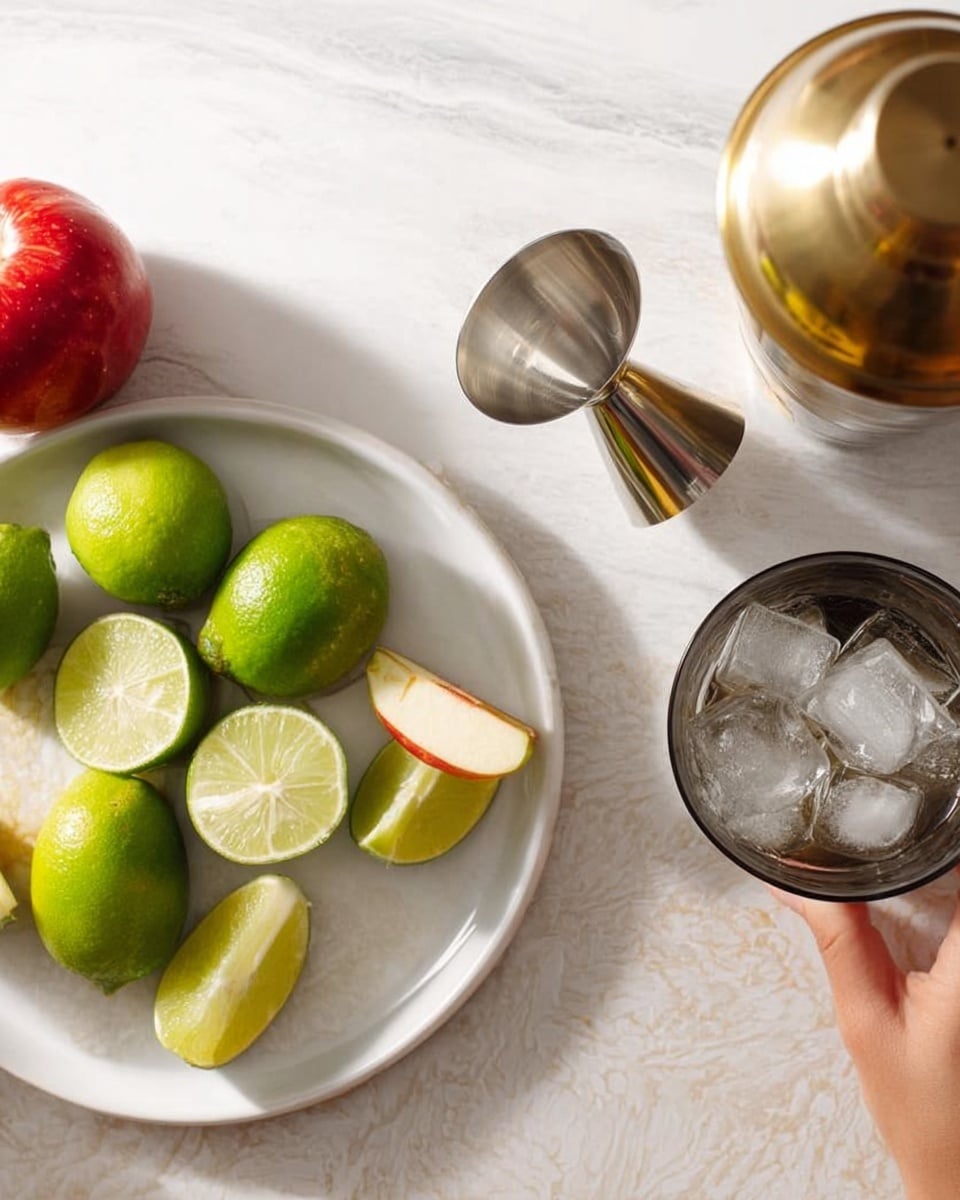 A top-down view of a white marbled surface with a white plate filled with whole and sliced limes and a whole red apple on the left side. A metallic jigger rests on the edge of the plate. Next to the plate are two glasses with ice, one clear and one metallic, both filled with ice cubes. A brass cocktail shaker is partially visible on the right edge of the image. photo taken with an iphone --ar 4:5 --v 7