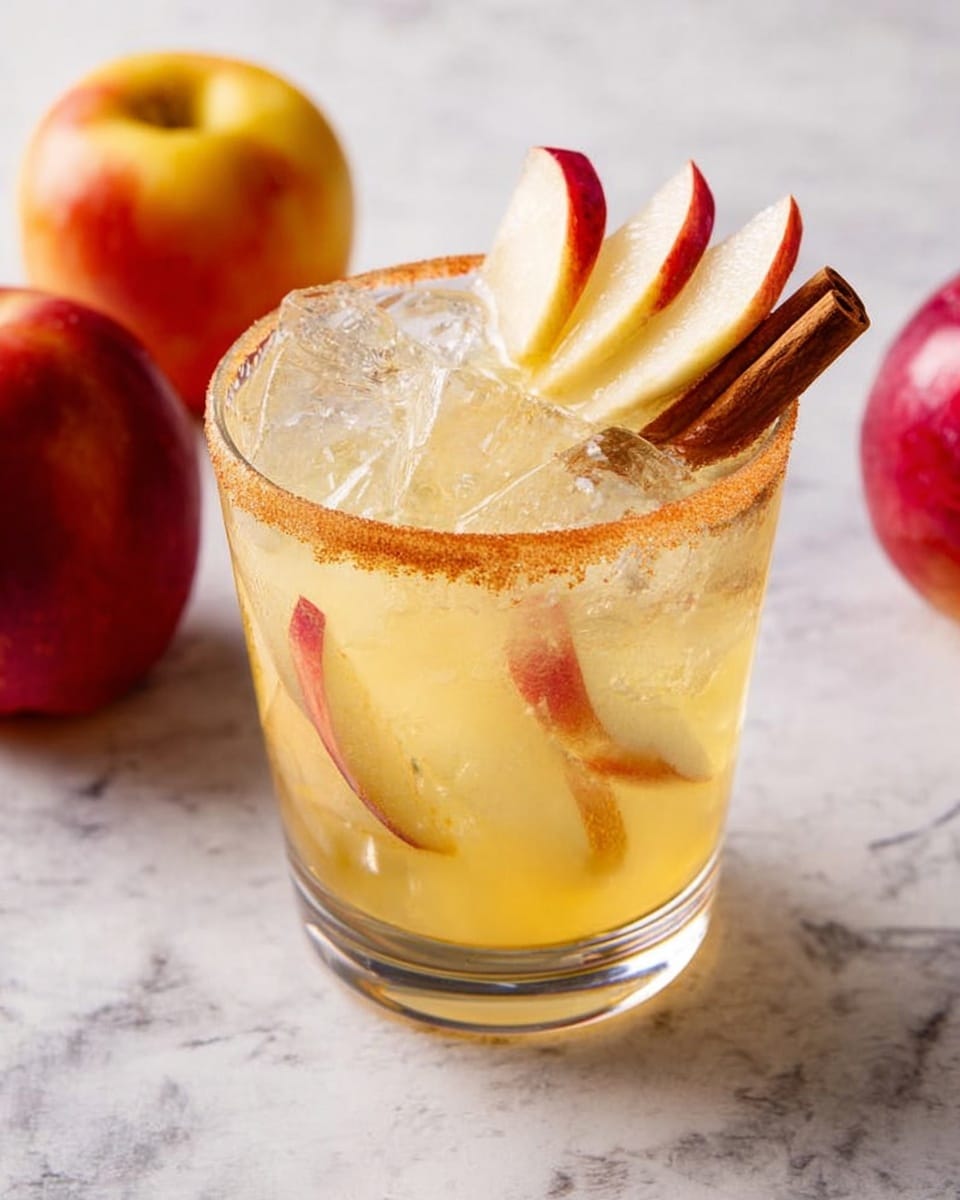 A short glass filled with a light amber drink sits on a white marbled surface. The drink has many clear ice cubes that make it look cold and refreshing. Inside the glass, near the top, there are thin slices of red and yellow apple and a cinnamon stick standing upright. The rim of the glass is coated with a brown sugar or spice mix, adding a textured detail. In the background, a whole red apple and some squeezed green limes are visible but out of focus. Photo taken with an iphone --ar 4:5 --v 7