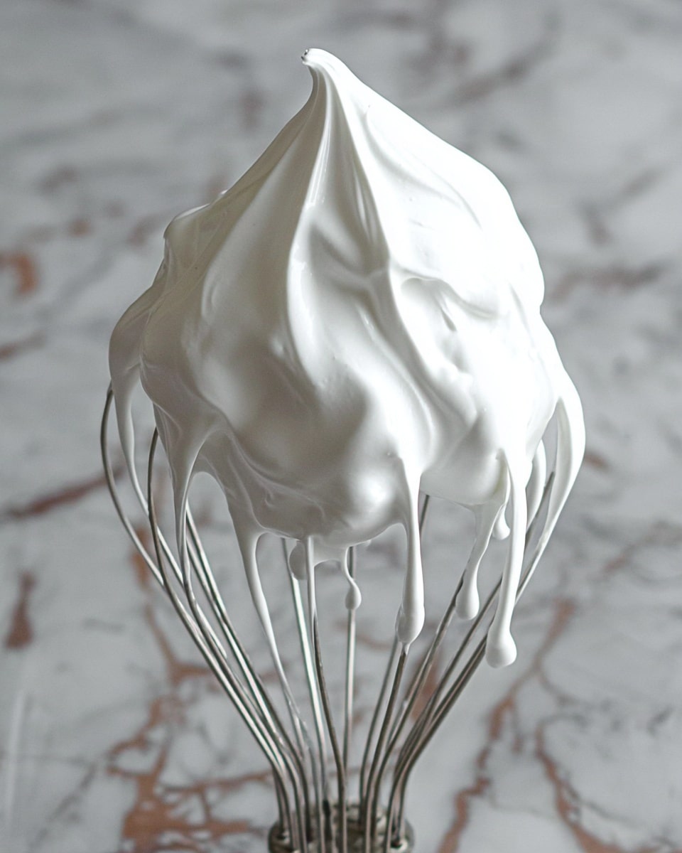 The image shows a close-up of a metal mixer whisk covered with thick, fluffy white whipped cream that is piled high on top and dripping slightly between the whisk wires. The smooth, glossy texture of the whipped cream contrasts with the thin metal bars of the whisk. The background is a white marbled surface. Photo taken with an iphone --ar 4:5 --v 7