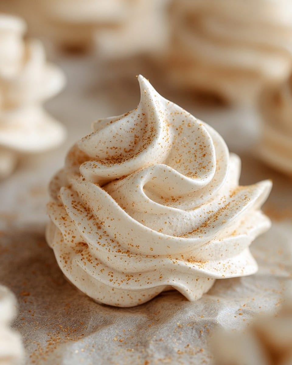The image shows a close-up of a single meringue cookie with a swirled shape, featuring soft, smooth cream-colored peaks and tiny light brown sugar crystals sprinkled evenly on top and around its base. The meringue rests on a beige parchment paper, with other similar cookies blurred in the background, emphasizing the texture and height of the main cookie. photo taken with an iphone --ar 4:5 --v 7