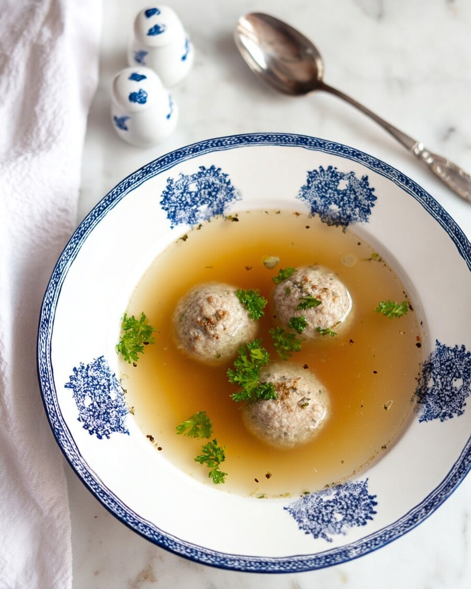 The image shows a white bowl with small blue flower patterns around the rim, filled with clear light brown broth. Inside the broth, there are three grayish-brown round meatballs, spaced evenly apart. Small green parsley leaves float on the surface of the broth, along with a few black pepper specks. The bowl is placed on a white marbled surface next to a white cloth, a large silver spoon, and two white shakers with blue rims and small blue motifs. Photo taken with an iphone --ar 4:5 --v 7