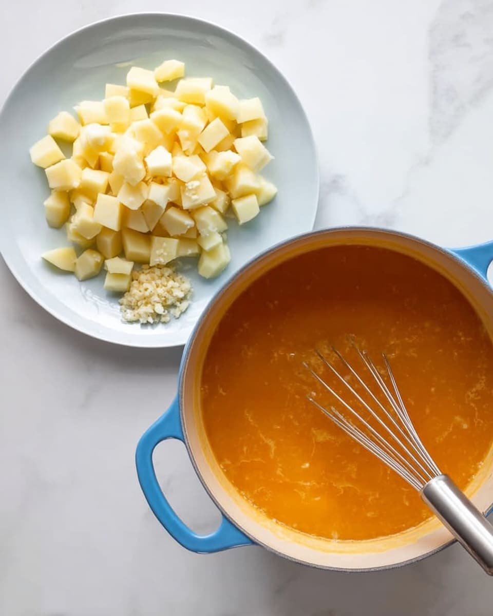 A white plate filled with pale yellow diced potatoes and a small pile of minced garlic is held just above a blue pot filled with orange soup. Inside the pot, there is a silver whisk resting in the soup, which has a smooth, slightly thick texture. The setup is placed on a white marbled surface. photo taken with an iphone --ar 4:5 --v 7