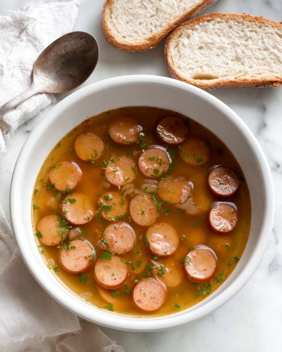 A white bowl filled with light brown broth soup with many small round slices of sausage floating on top. The sausage slices are light pinkish with some browned spots. Small pieces of green herbs are scattered over the sausages, adding a fresh touch. The soup looks warm and slightly oily. Next to the bowl, two slices of light brown bread with a soft texture are placed on a white marbled surface. A white cloth and a metal spoon are visible in the background. Photo taken with an iphone --ar 4:5 --v 7