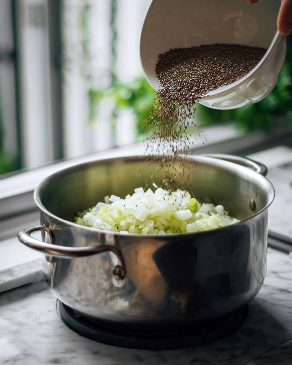 A white bowl filled with thick, creamy soup that is light beige with small bits of herbs and spices mixed in. On top, there are several green chive stalks placed loosely and a drizzle of golden oil creating a shiny effect on the surface. The bowl sits on a red cloth with a piece of toasted bread partially visible on the bottom right. A glass of amber liquid is blurred in the background. The scene is set on a white marbled texture. photo taken with an iphone --ar 4:5 --v 7
