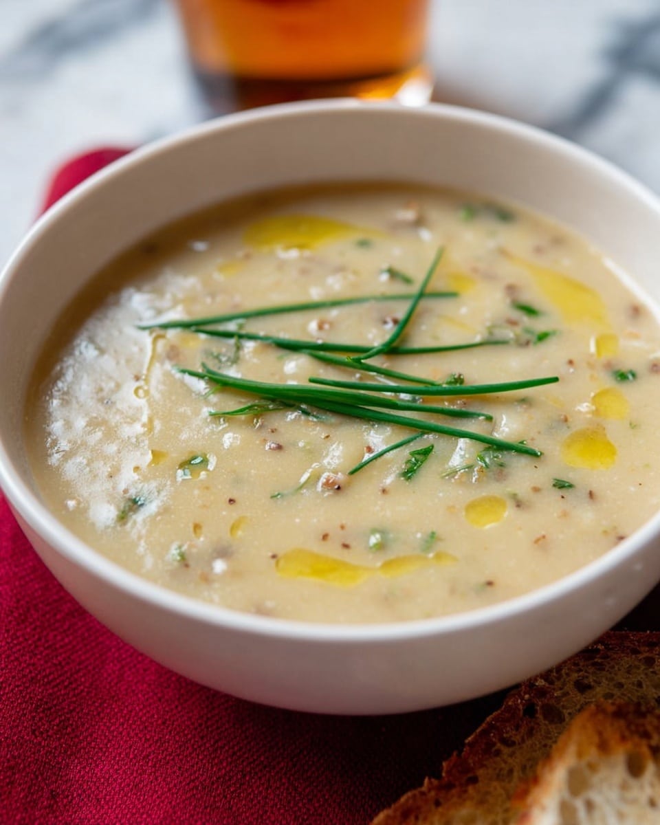 A white bowl filled with creamy soup that has a thick texture and small visible grains, topped with several green chive pieces and a drizzle of yellow oil in the center; the bowl sits on a red tray with a white marbled texture underneath, accompanied by two pieces of brown whole grain bread on the right side and a silver spoon with a wooden handle resting on the left edge of the tray. Behind the bowl, a tall glass filled with a foamy amber drink is visible, and there is also some blurred green foliage in the background. photo taken with an iphone --ar 4:5 --v 7
