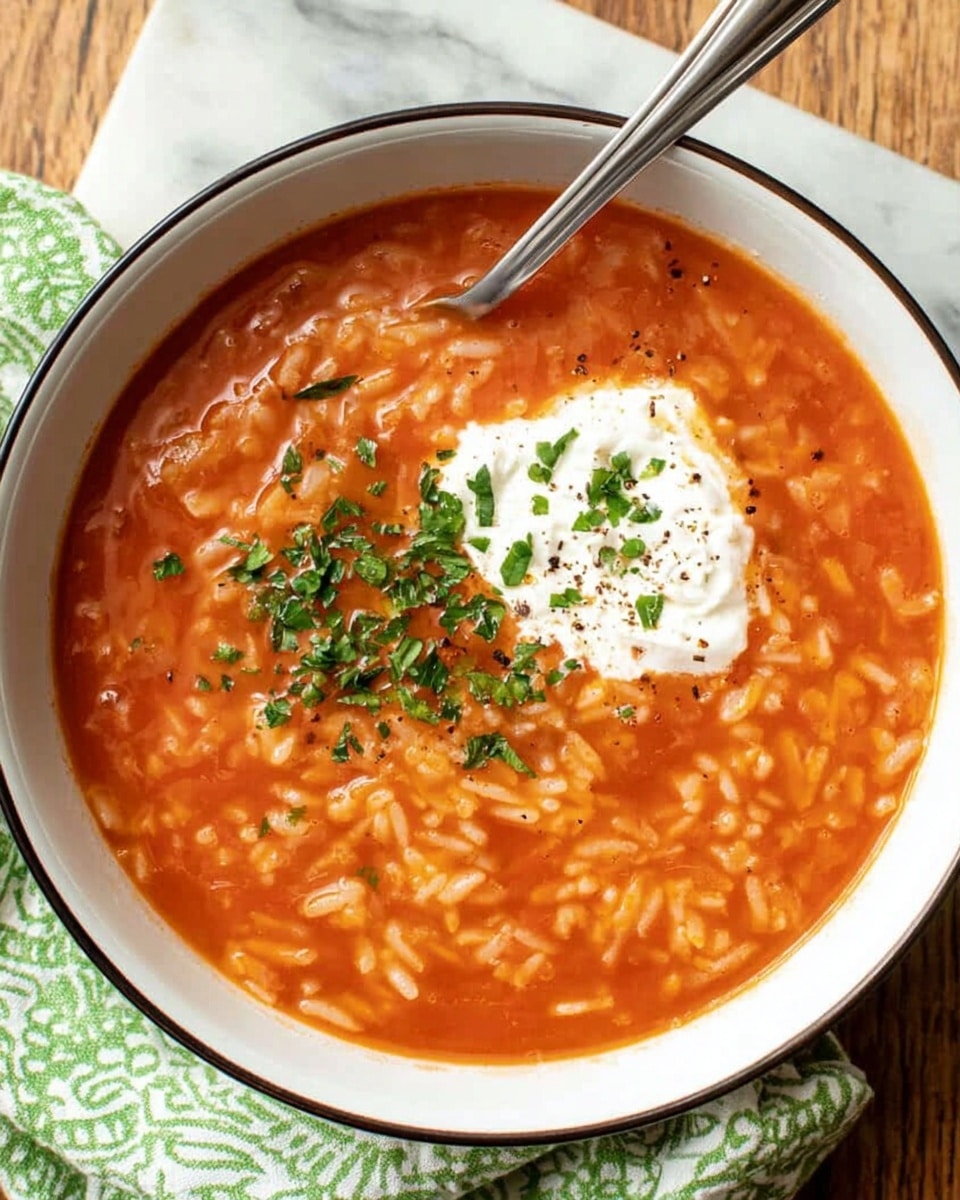 A bowl of thick tomato soup with small rice pieces mixed in fills a white bowl with a thin black rim, the soup having a rich red-orange color. On top, a dollop of white cream is placed slightly off-center with a sprinkle of chopped green herbs and a light dusting of black pepper. A metal spoon rests inside the bowl, partially submerged in the soup, leaning towards the right side. The bowl is set on a white marbled surface with a folded green and white patterned cloth next to it. Photo taken with an iphone --ar 4:5 --v 7