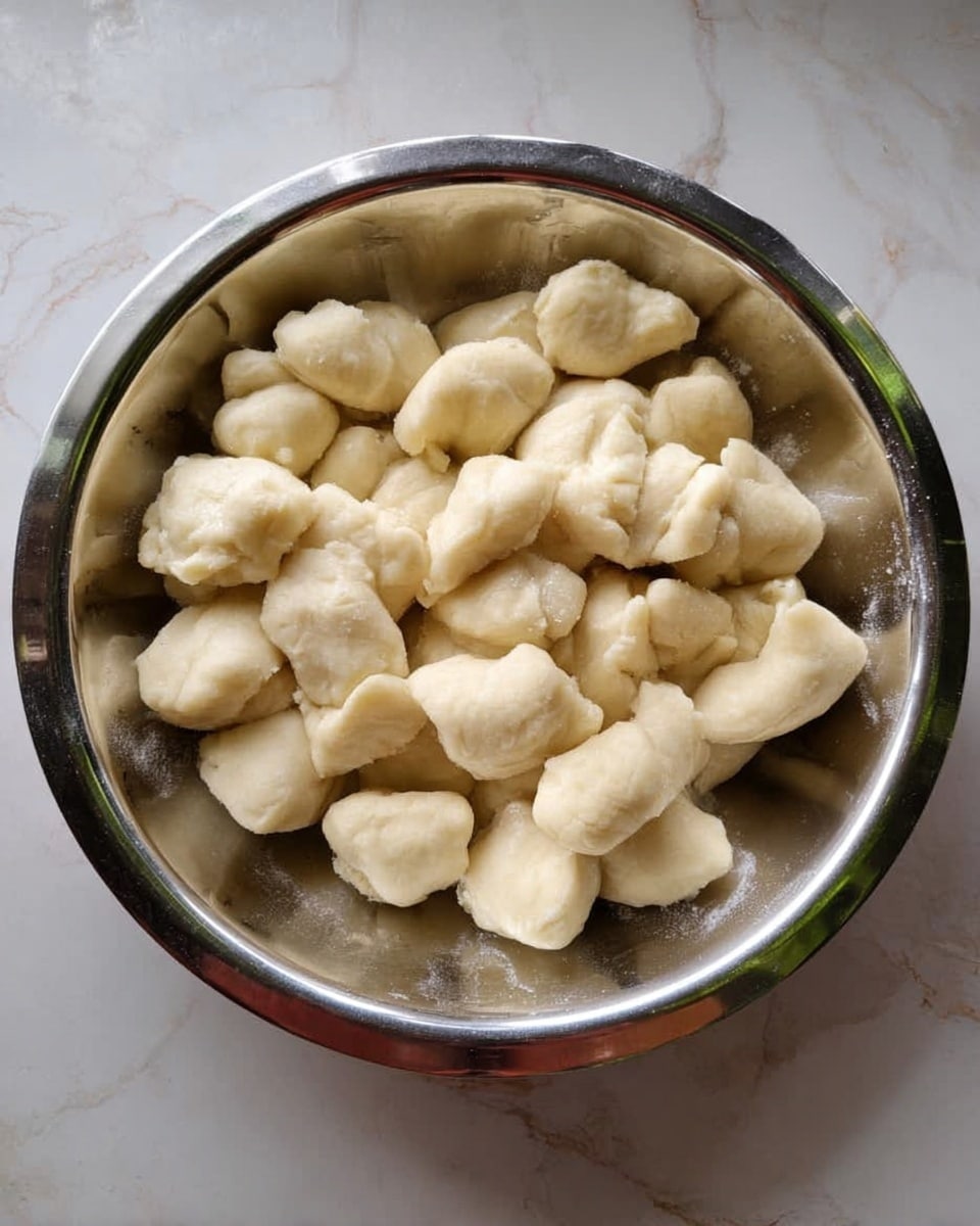A blue bowl filled with a clear golden broth, containing about a dozen white dumplings scattered throughout the soup. The dumplings are soft and uneven in shape, with a glossy surface from the broth. Small pieces of green herbs float on top, adding a touch of color and freshness. The bowl sits on a dark wood table with a subtle floral pattern. photo taken with an iphone --ar 4:5 --v 7