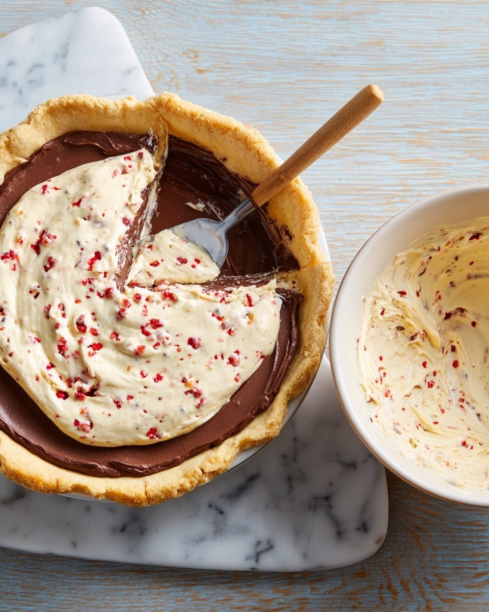 A pie with three visible layers sits on a white marbled surface: a golden-brown flaky crust forms the outer edge, holding a smooth dark brown chocolate layer inside, which is partially covered by a thick creamy layer with small red bits spread unevenly across it; a spatula with a wooden handle rests on top of the creamy layer, and next to the pie is a white bowl with some of the same creamy mixture inside, both placed on a white marbled texture photo taken with an iphone --ar 4:5 --v 7