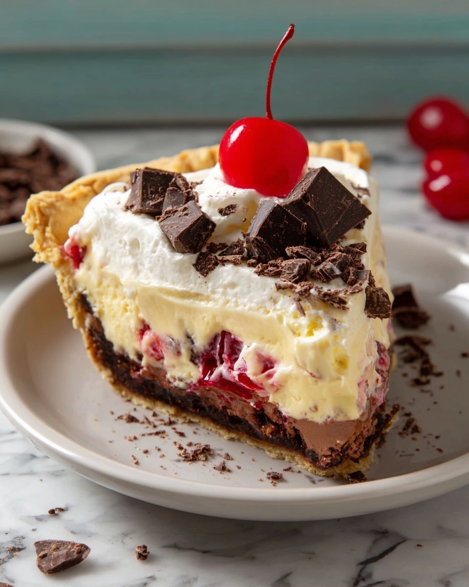 A round creamy pie sits in a white plate, resting on a white marbled surface. The pie has three main layers: the bottom layer is a golden-brown crust with a slight crumbly texture, the middle layer is a thick, pale cream filling with small red pieces mixed in, and the top layer is decorated with dark brown chocolate shavings scattered across the center. Bright red cherries with stems are placed evenly on top of the cream around the chocolate shavings, adding color contrast. The pie’s edges are slightly irregular, showing a homemade look. photo taken with an iphone --ar 4:5 --v 7