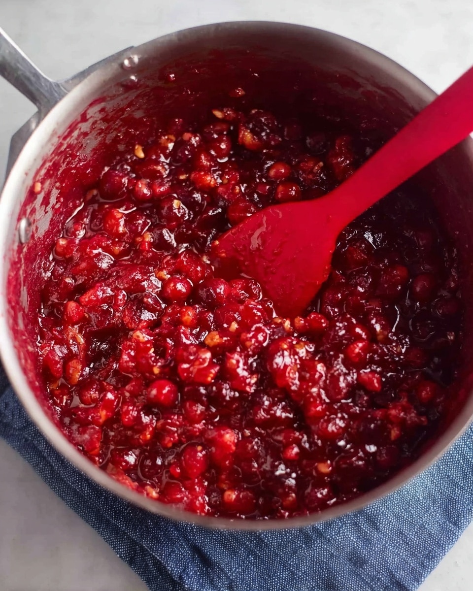 A close-up top view of a metal saucepan filled with bright red cranberry sauce that has visible whole and crushed cranberries along with a thick, chunky texture. A red silicone spatula is partially submerged, mixing the sauce, with some sauce sticking to it. The pan is placed on a dark blue cloth, all set against a white marbled surface. photo taken with an iphone --ar 4:5 --v 7