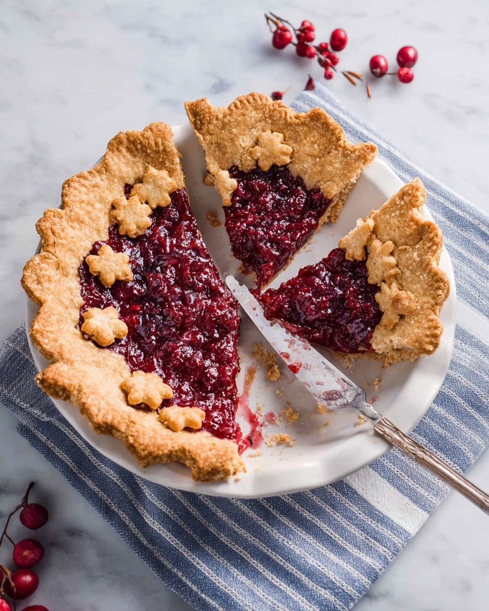 A round pie with a golden crust that has small leaf shapes nicely placed all around the edge. The pie filling is a shiny, deep red color with a smooth, slightly textured surface, filling the whole center. The white pie dish sits on a white marbled surface, partially covered by a white cloth with blue stripes. Several small red berries are scattered on the surface around the dish, along with a silver fork with decorative patterns on the handle. photo taken with an iphone --ar 4:5 --v 7