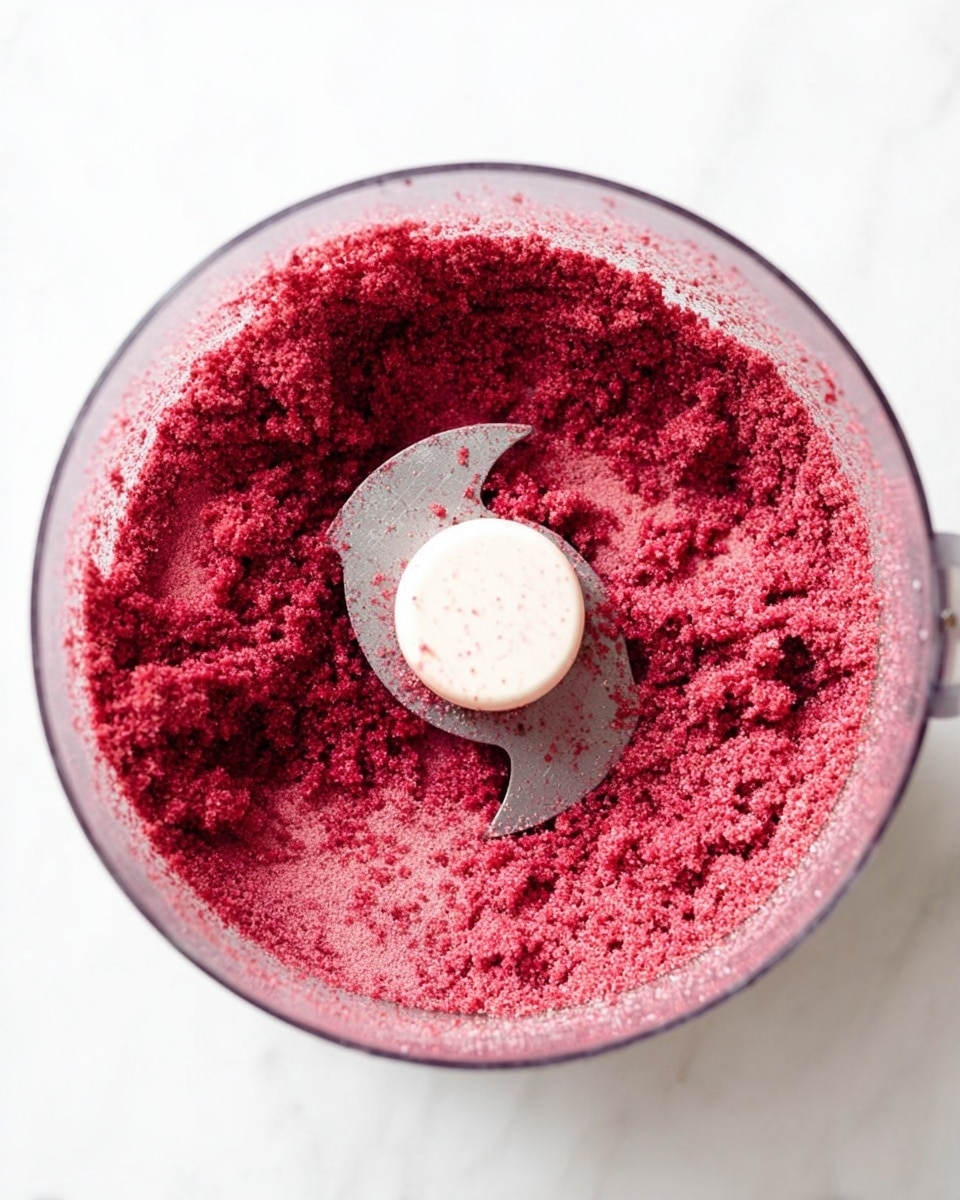 A clear food processor bowl filled with a thick, crumbly mixture that is deep pink-red in color. The mixture covers the sides of the bowl unevenly, showing some finer texture near the base and coarser chunks higher up. The blade in the center is partly visible, coated lightly in the same pink-red mixture. The food processor sits on a white marbled surface, and the image is captured from above, focusing on the texture and color contrast of the mixture inside the bowl. Photo taken with an iphone --ar 4:5 --v 7