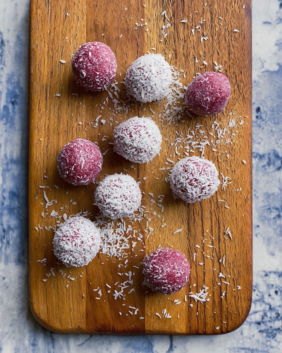 The image shows a wooden board with a total of 13 round balls placed on it. Seven of these balls are coated with white flakes resembling coconut, giving them a textured, rough surface, while the other six balls are plain and smooth with a deep pink color. The balls are scattered casually on the board, and additional white flakes are sprinkled around them. The background is a white marbled texture. photo taken with an iphone --ar 4:5 --v 7