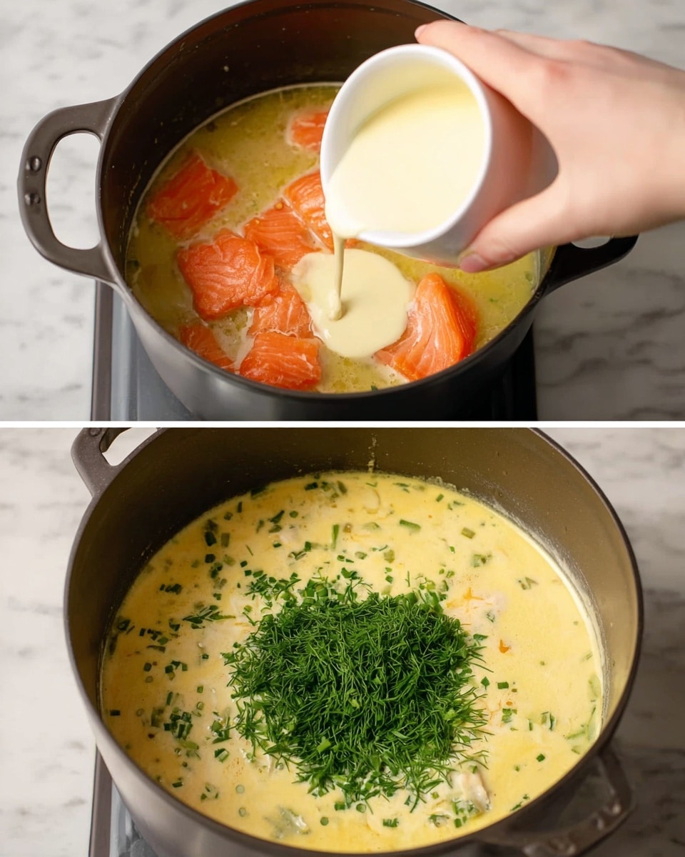 Two images show a cooking pot on a stove with a white marbled surface background. The first image presents the pot filled with three main layers: at the bottom, finely shredded light green onions; above it, small diced bright orange carrots clustered on the left; and a large layer of cubed pale yellow potatoes covering most of the surface. The second image shows the same pot from above now filled with a thick, creamy light yellow soup base with chunks of vibrant pink salmon placed centrally on top. The soup looks smooth with some visible small carrot pieces mixed in, and the cooking pot is black with two side handles. Photo taken with an iphone --ar 4:5 --v 7
