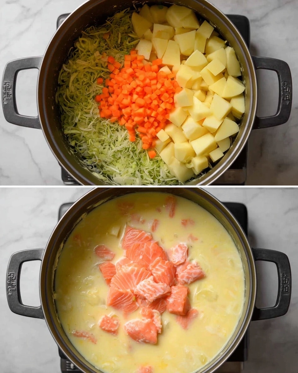 The top part shows a black pot with orange pieces of fish sitting in a light yellow liquid base, with a woman's hand pouring a creamy pale yellow sauce from a small white bowl into the pot. The bottom part of the image shows the same pot filled with a light yellow creamy mixture topped with a pile of fresh bright green chopped herbs in the center. The pot is placed on a white marbled surface. photo taken with an iphone --ar 4:5 --v 7