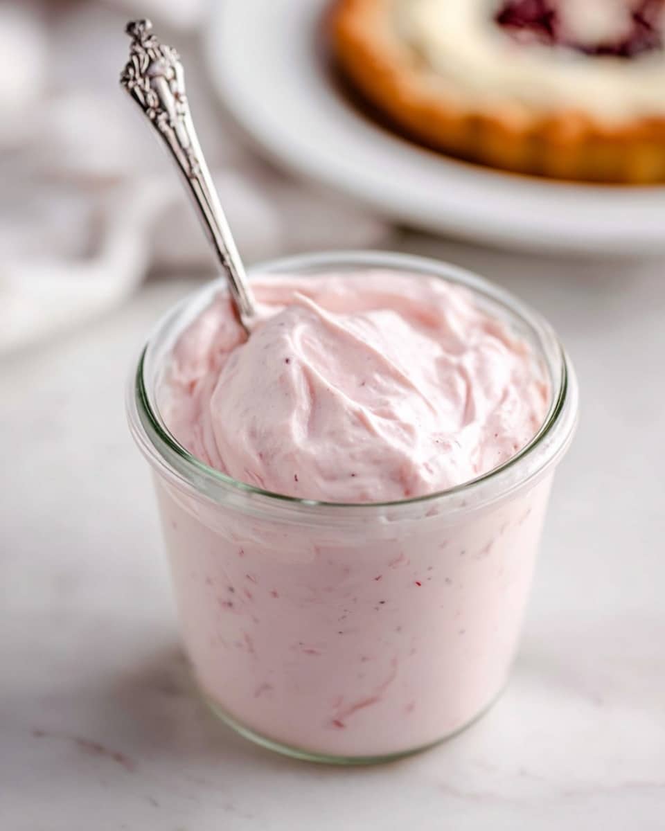 A single triangular slice of crumbly raspberry pie sits in the center of a white plate, featuring a bright red fruit layer beneath a light golden crumb topping. On top of the pie slice is a soft, light pink whipped cream dollop with a smooth, fluffy texture. A silver spoon is digging into the pie, lifting a piece with some whipped cream on it, angled towards the viewer. The plate rests on a white marbled surface. photo taken with an iphone --ar 4:5 --v 7