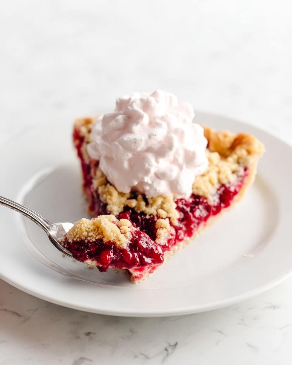 The image shows a round fruit crumble tart with about nine slices, featuring a thick layer of deep red berry filling beneath a crumbly pale golden crust on top. The crust has a rough, uneven texture with various small and medium crumbs spread over the berries, which peek through in spots with a shiny, slightly thick look. The tart has a light golden-brown crust edge that is firm and smooth, forming the base and border. One slice is being lifted with a silver pie server, placed on a white marbled surface. Photo taken with an iphone --ar 4:5 --v 7