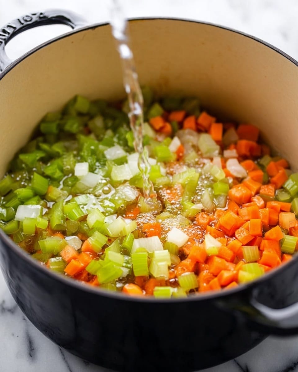A close-up view inside a large, round black cooking pot with a creamy white interior. Inside the pot at the bottom are three layers of diced vegetables: bright green celery pieces, shiny translucent white onion bits, and vibrant orange carrot cubes, all mixed together. Clear liquid is being poured into the pot from above, creating small bubbles and a slight splash, making the vegetables look fresh and wet. The pot sits on a white marbled surface. photo taken with an iphone --ar 4:5 --v 7