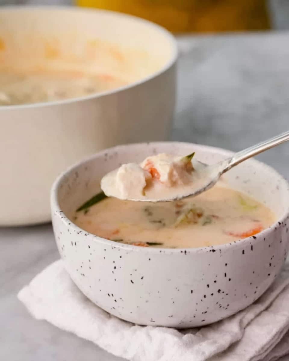 A black bowl filled with a creamy white soup showing visible pieces of sliced mushrooms in brown and light beige colors scattered throughout. There are thin slices of white round vegetables and green slivers of scallions spread across the soup surface. Small red chili peppers and dark green leaves float in the soup, adding contrast. In the center, two sprigs of fresh green herbs sit on top as garnish. The bowl rests on a red cloth with a blurred green plant in the background. Photo taken with an iphone --ar 4:5 --v 7