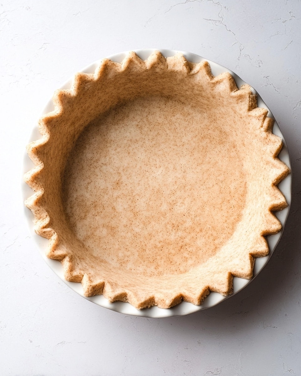 The image shows an unbaked pie crust placed inside a white pie dish. The crust is light brown with a slightly speckled texture, and it has a thick, crimped edge that forms neat, pointed ridges around the rim. The surface beneath the dish is a white marbled texture, providing a clean and bright background. The pie crust appears smooth inside with an even thickness, ready to be filled or baked. photo taken with an iphone --ar 4:5 --v 7