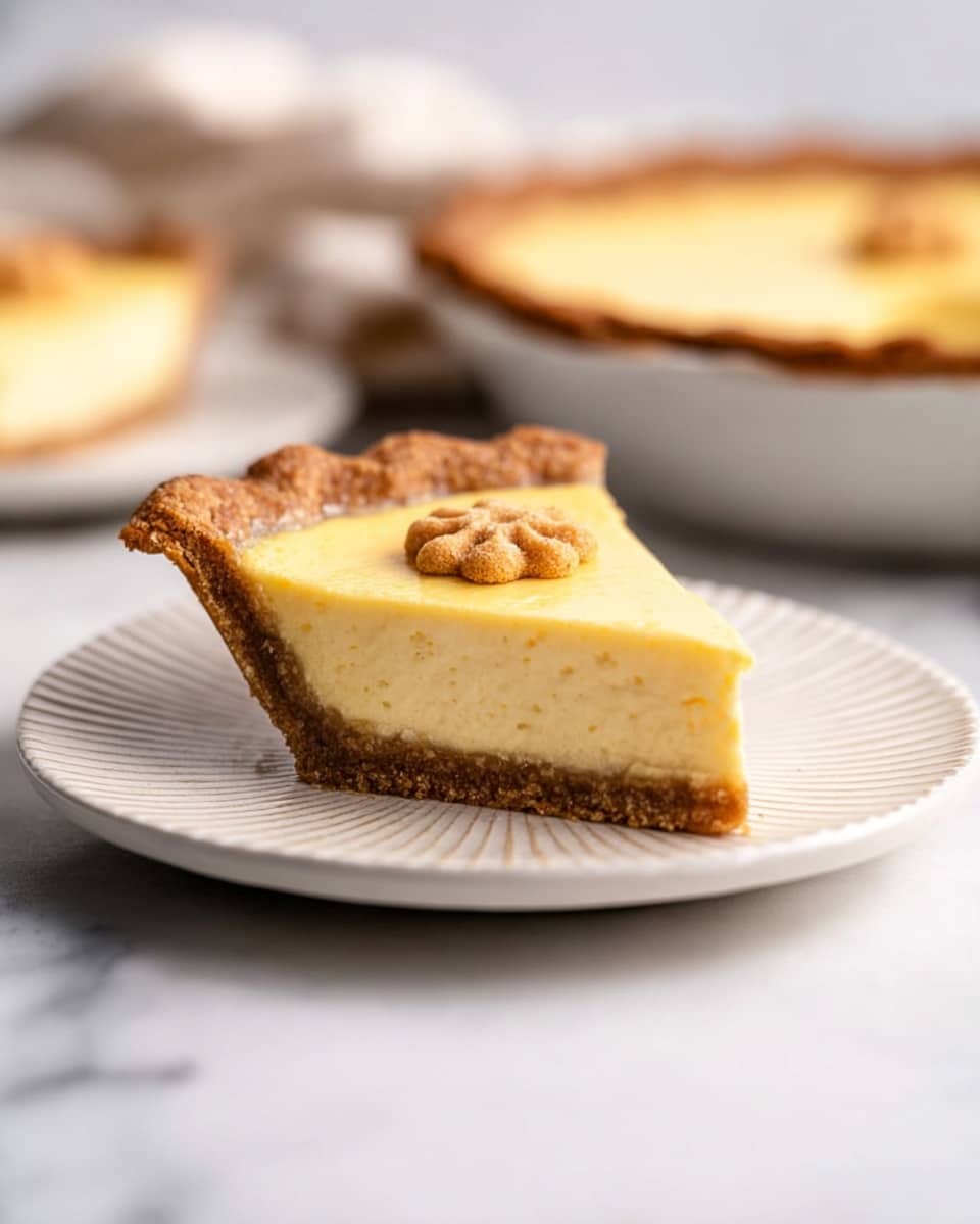 A round pie with a golden brown crust that has thick, wavy edges, sitting in a white dish. The filling is smooth and light yellow, evenly spread inside the crust. Eight leaf-shaped pieces of crust, darker brown in color and textured, are evenly placed on top of the filling, one on each of the eight sliced sections. The pie is perfectly cut into eight slices, and the entire setup is on a white marbled surface. photo taken with an iphone --ar 4:5 --v 7