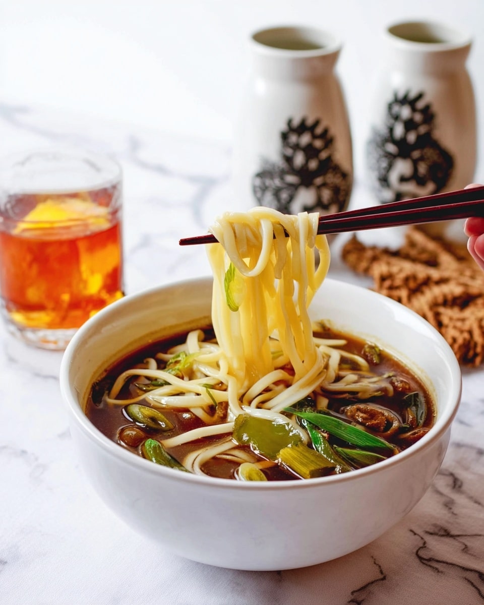 A white bowl sits on a white marbled surface, filled with a dark brown broth. Inside the bowl, there are three main layers: at the bottom, white flat noodles form a tangled base; the middle layer consists of light yellow and green leafy vegetables, arranged on top of the noodles; and the top layer is the dark broth which partially covers the noodles and vegetables. A pair of chopsticks with black and gold handles lay beside the bowl on the same white marbled surface, and a glass of tea with a reddish amber color is visible near the top left corner. Nearby, there are two white containers with black designs, and a white cloth with red strawberries and green leaves is beneath the bowl. Photo taken with an iphone --ar 4:5 --v 7