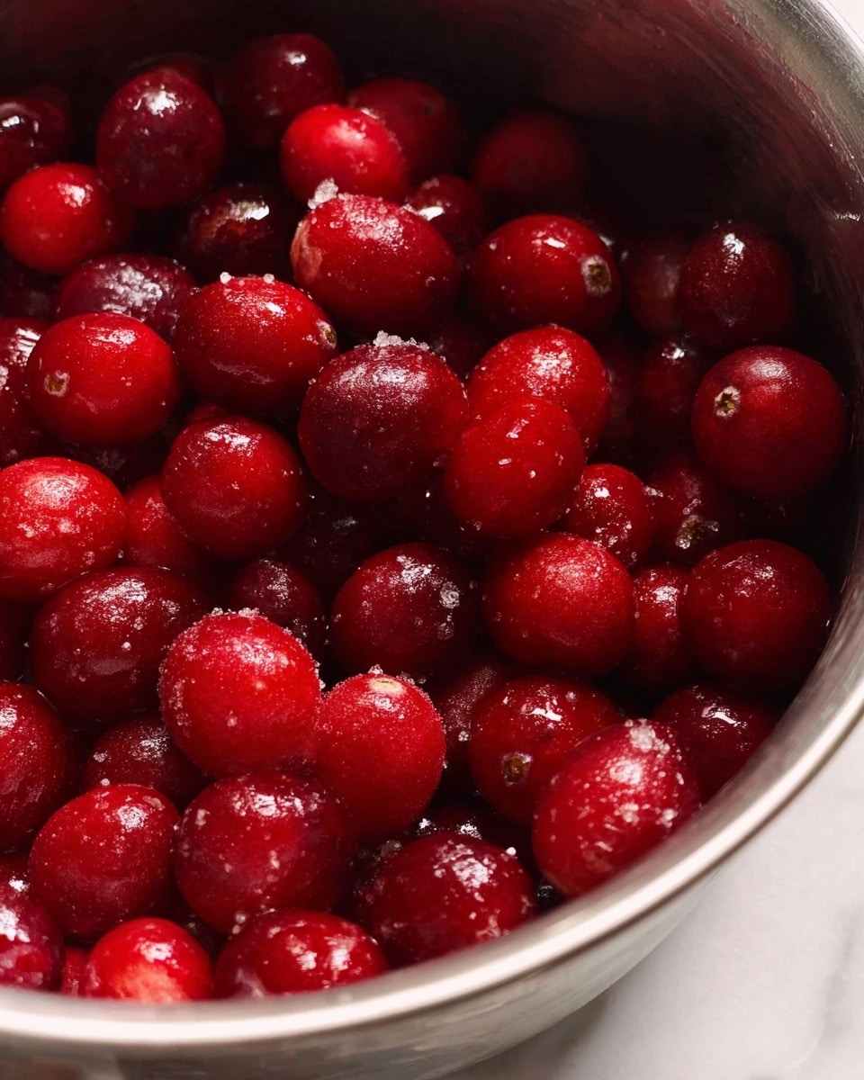 A close-up view of a single layer of fresh bright red cranberries filling a silver pot, each berry glistening with a slightly wet texture and some sugar crystals visible on their surface, sitting against a white marbled background photo taken with an iphone --ar 4:5 --v 7