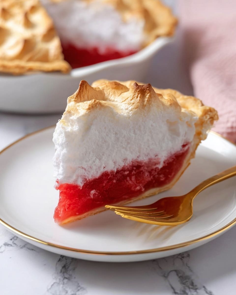 A slice of pie with three layers is shown on a white plate. The bottom layer is a bright red, smooth fruit filling. Above it is a thick, fluffy white layer that looks soft and light. The top layer is a browned meringue with a slightly toasted texture, showing some small crispy peaks. The pie crust is golden and flaky, holding all layers together. A gold fork lies next to the pie slice on the plate. The background surface is white with a marbled texture, with the rest of the pie dish slightly visible behind the slice. photo taken with an iphone --ar 4:5 --v 7